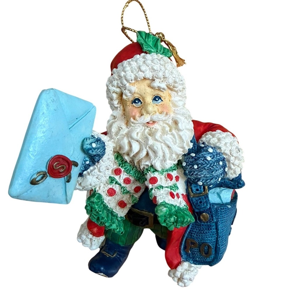 Vintage Santa Claus Postman Ornament Resin Christmas Mail Carrier Figurine Blue